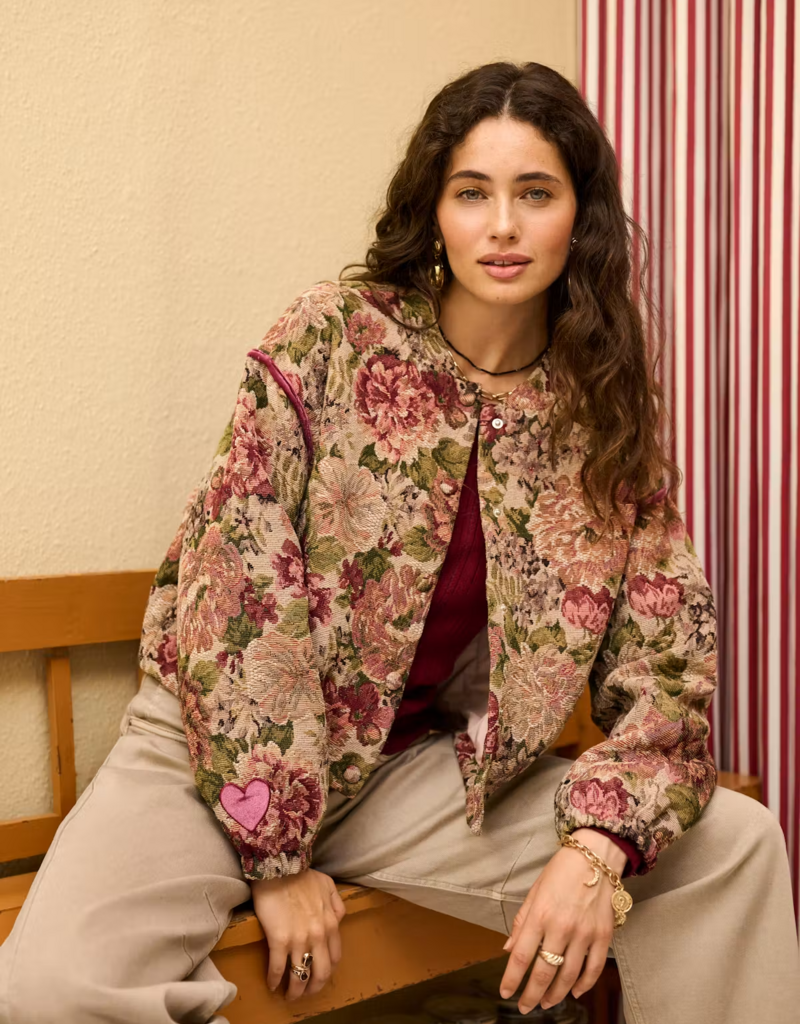 Cream Petuja Jacquard Snap-Button Up Jacket in Vintage Rose