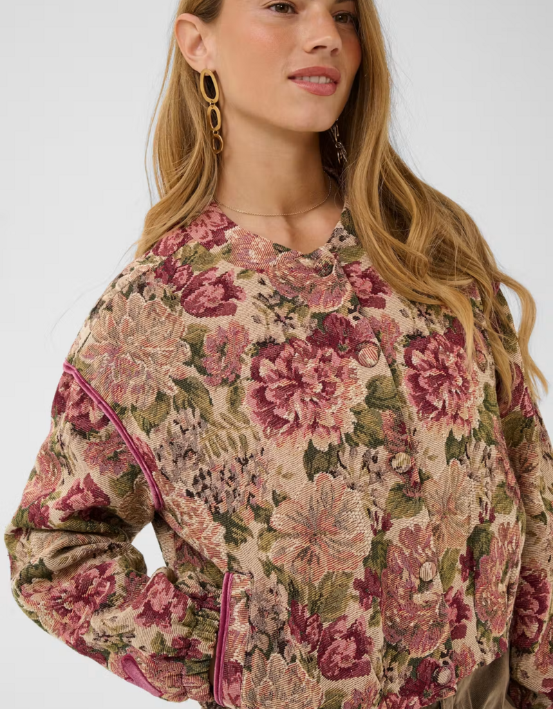 Cream Petuja Jacquard Snap-Button Up Jacket in Vintage Rose