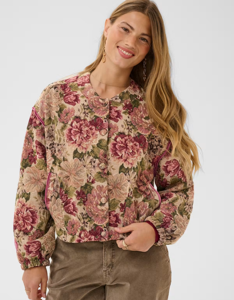 Cream Petuja Jacquard Snap-Button Up Jacket in Vintage Rose