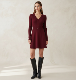 Angel Eye Coal Knit Dress With Faux Button Detail in Burgundy