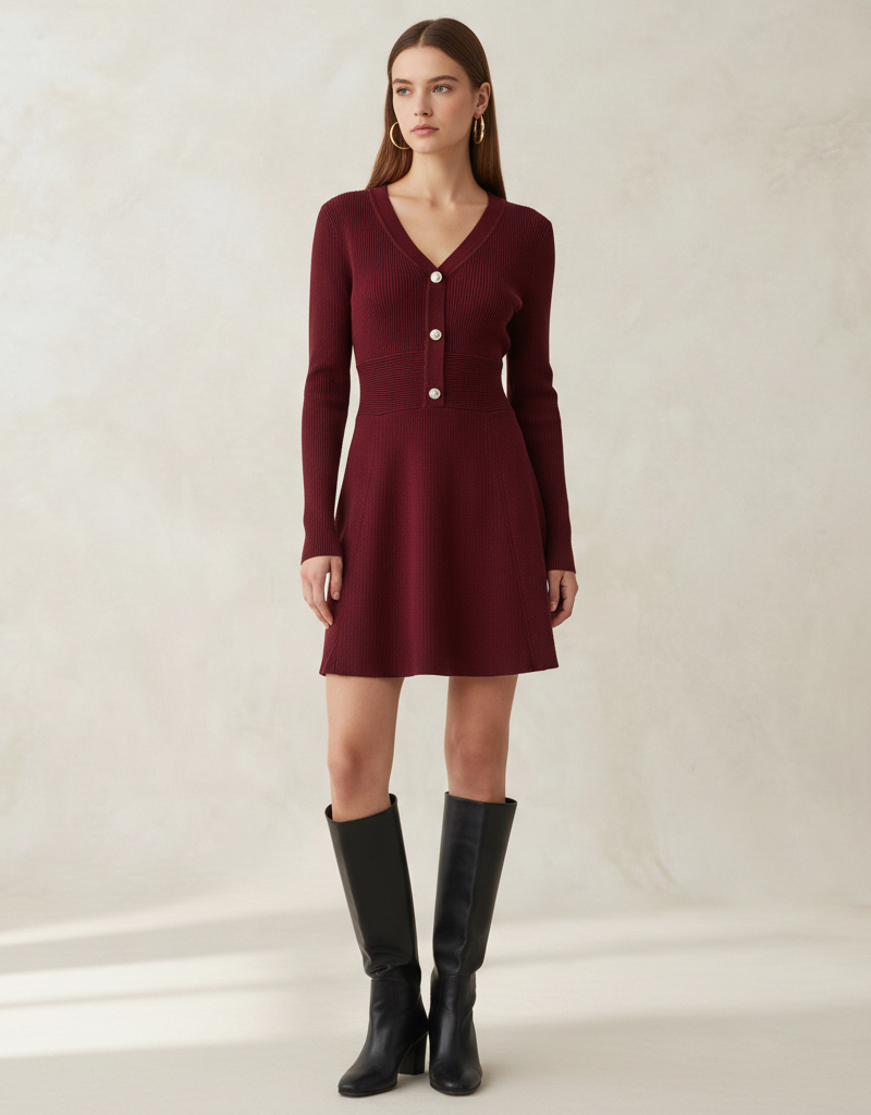 Angel Eye Coal Knit Dress With Faux Button Detail in Burgundy