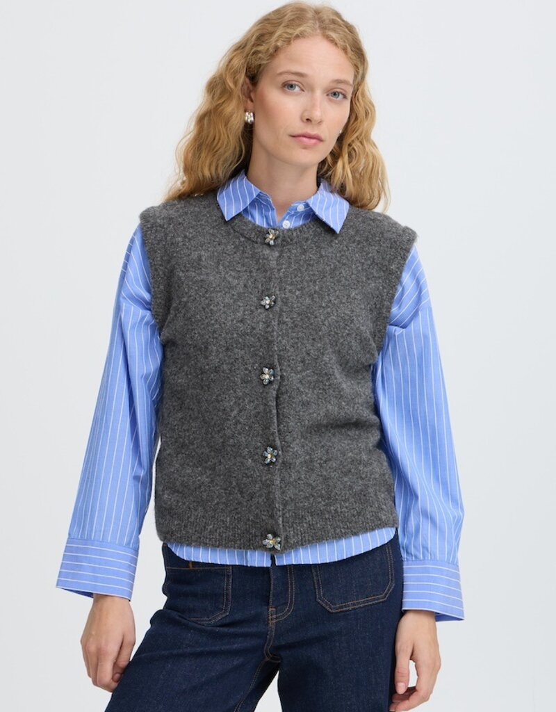 B.Young Omea Knit Vest with Floral Buttons in Dark Grey