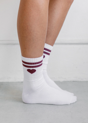 Brunette the Label Sporty Sock with Heart and Stripes in White and Plum