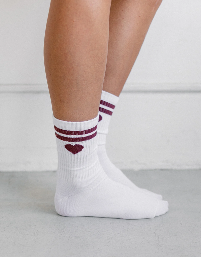 Brunette the Label Sporty Sock with Heart and Stripes in White and Plum