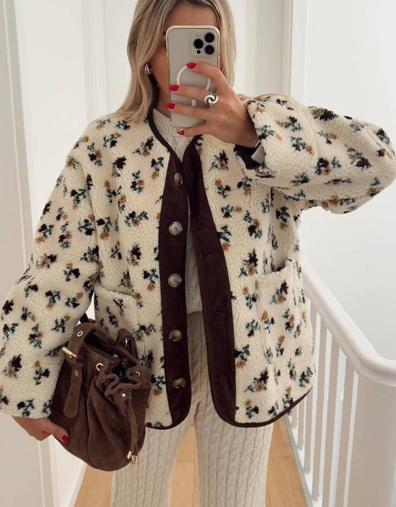 Rosa Clothing *BEST SELLER* Floral Sherpa Jacket in Coffee Daisy