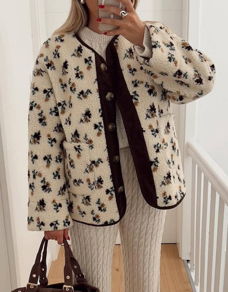 Rosa Clothing *BEST SELLER* Floral Sherpa Jacket in Coffee Daisy
