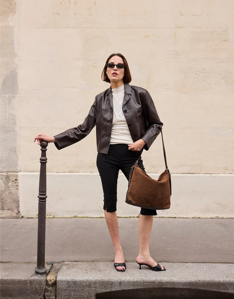 Nat & Nin Moreen Slouch Bag in Ebene Brown Suede