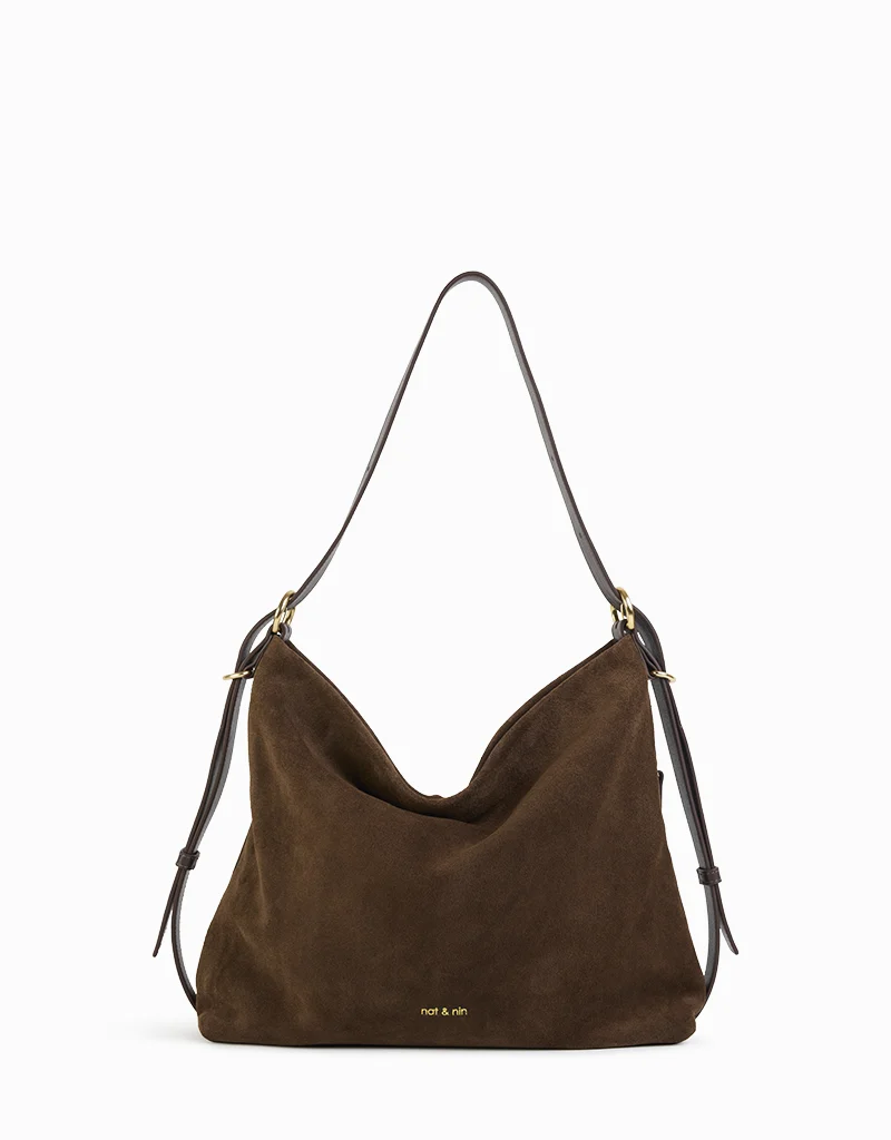 Nat & Nin Moreen Slouch Bag in Ebene Brown Suede
