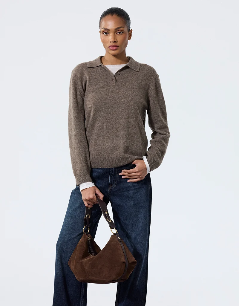Nat & Nin Hera Two Strap Slouch Bag in Ebene Brown Suede