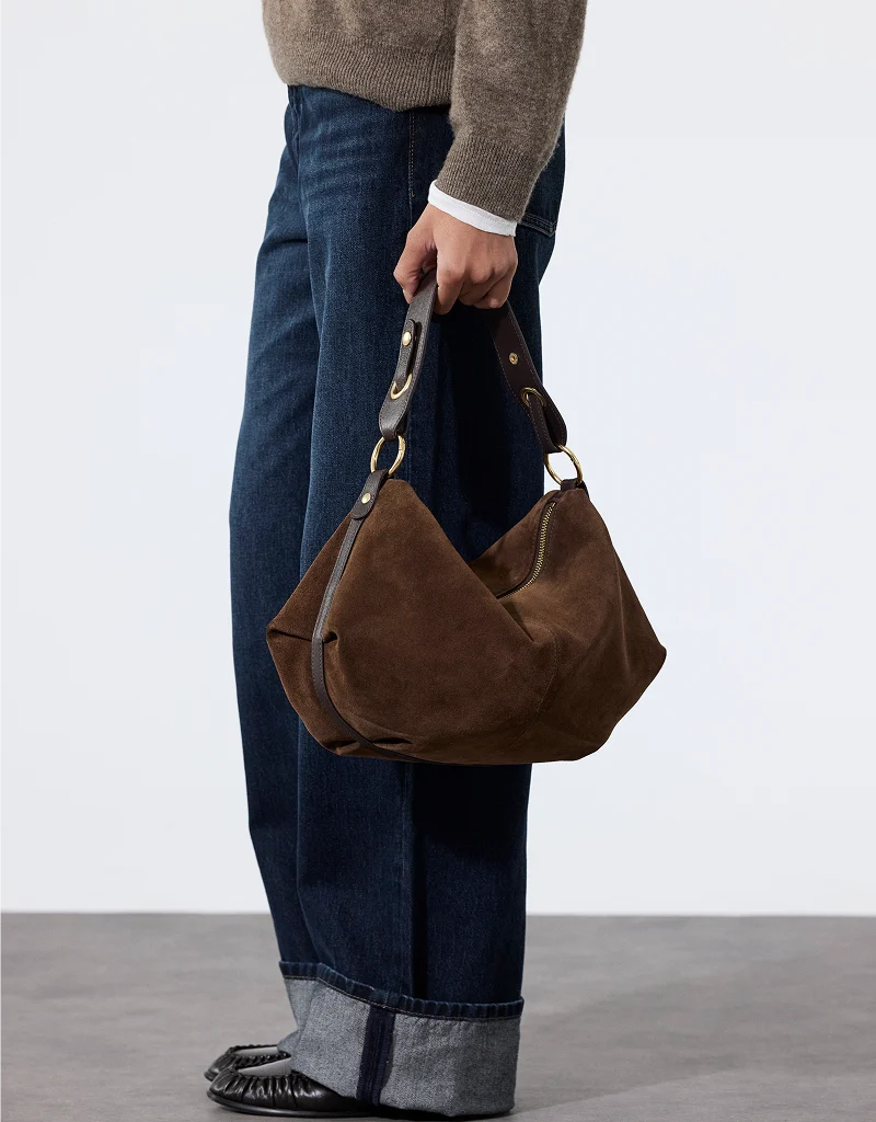 Nat & Nin Hera Two Strap Slouch Bag in Ebene Brown Suede