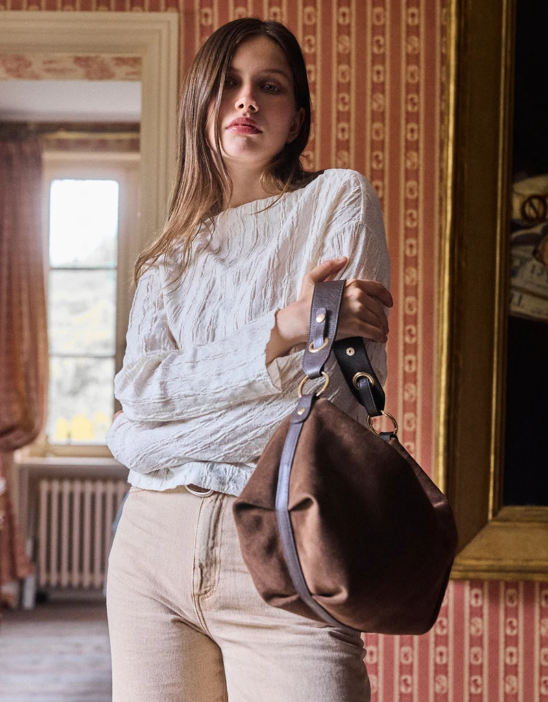Nat & Nin Hera Two Strap Slouch Bag in Ebene Brown Suede