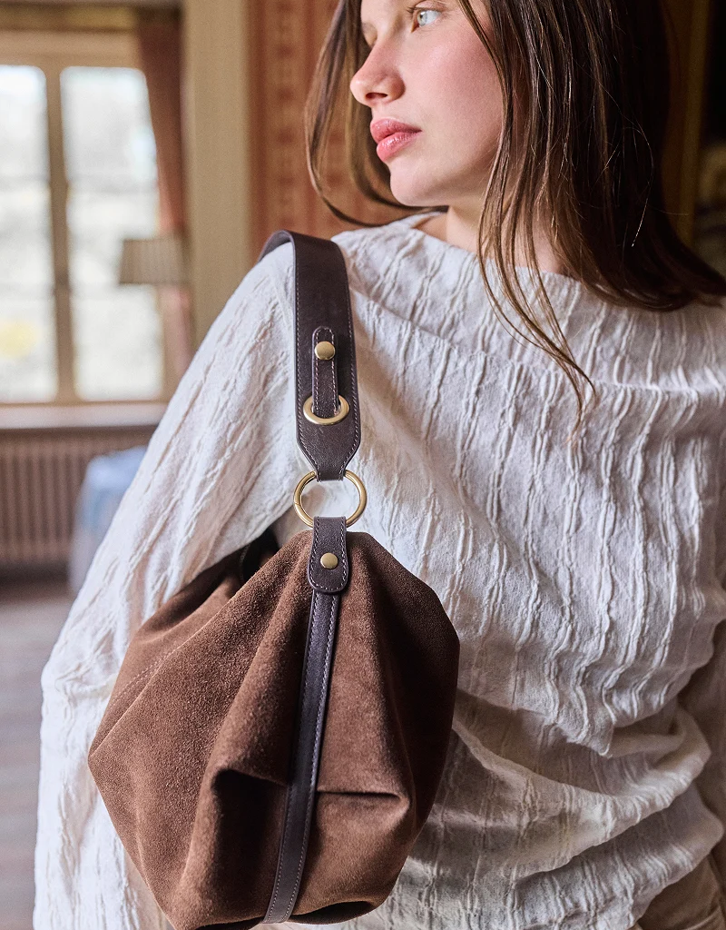 Nat & Nin Hera Two Strap Slouch Bag in Ebene Brown Suede