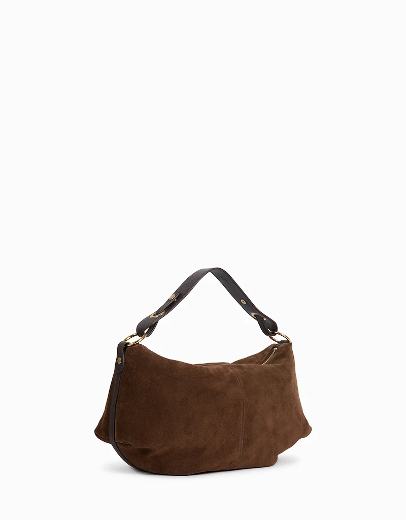 Nat & Nin Hera Two Strap Slouch Bag in Ebene Brown Suede