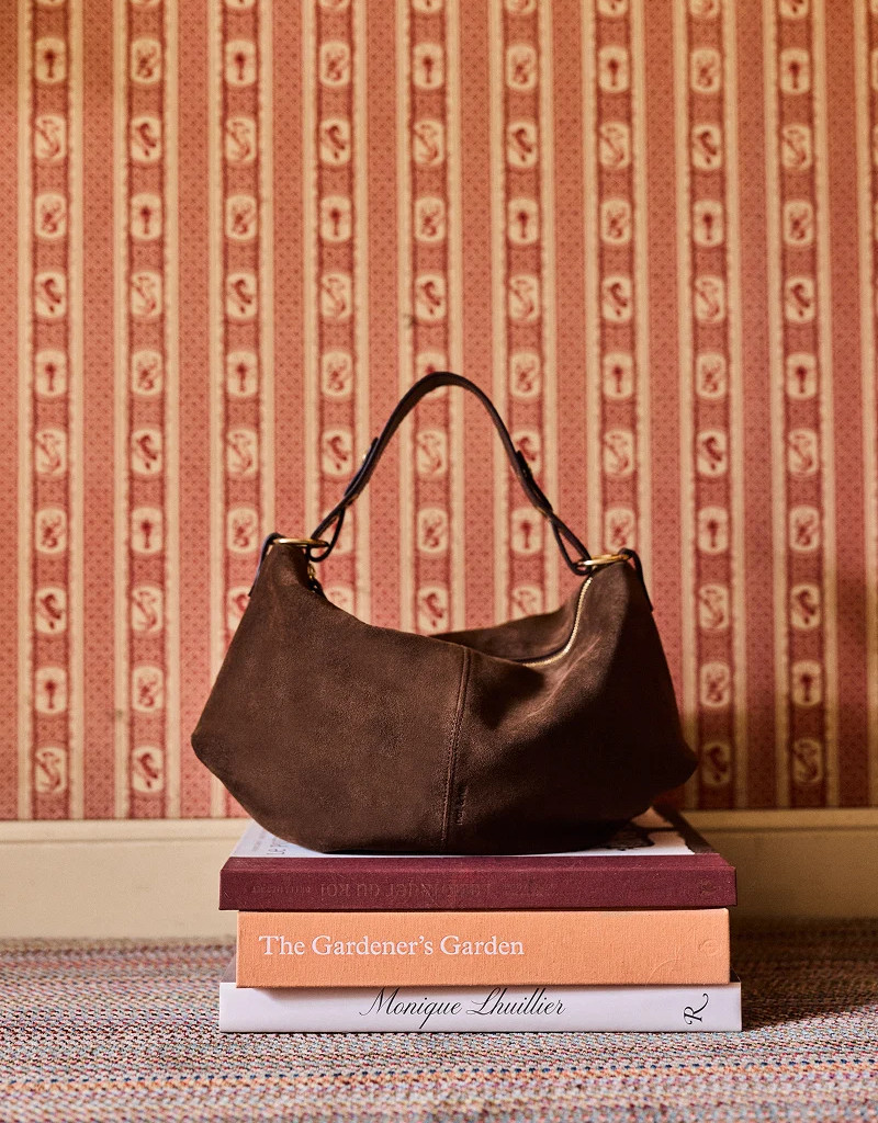 Nat & Nin Hera Two Strap Slouch Bag in Ebene Brown Suede