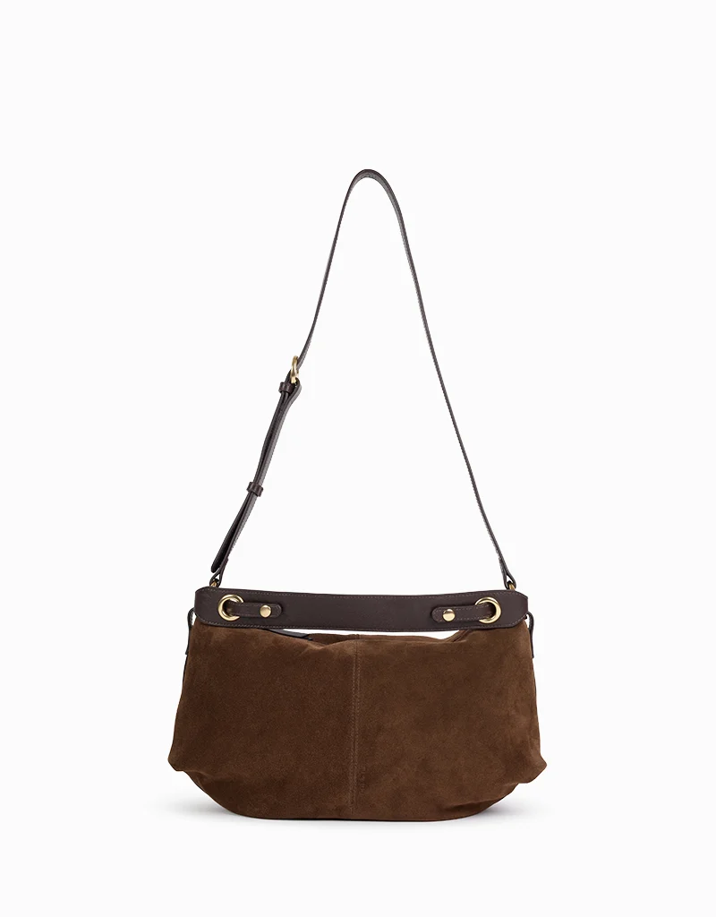 Nat & Nin Hera Two Strap Slouch Bag in Ebene Brown Suede