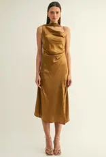 Adelyn Rae Kenny Contrast Scarf Cowl-neck Slip Midi Dress in Olive Gold