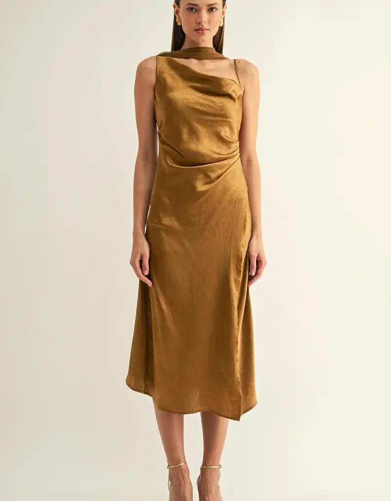 Adelyn Rae Kenny Contrast Scarf Cowl-neck Slip Midi Dress in Olive Gold