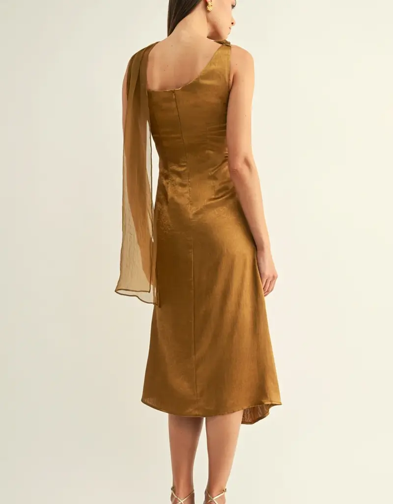 Adelyn Rae Kenny Contrast Scarf Cowl-neck Slip Midi Dress in Olive Gold