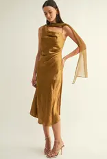 Adelyn Rae Kenny Contrast Scarf Cowl-neck Slip Midi Dress in Olive Gold