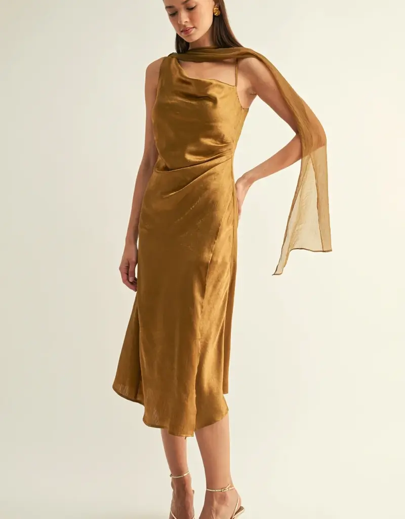 Adelyn Rae Kenny Contrast Scarf Cowl-neck Slip Midi Dress in Olive Gold