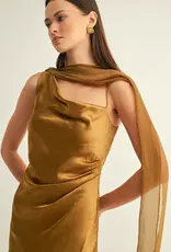 Adelyn Rae Kenny Contrast Scarf Cowl-neck Slip Midi Dress in Olive Gold