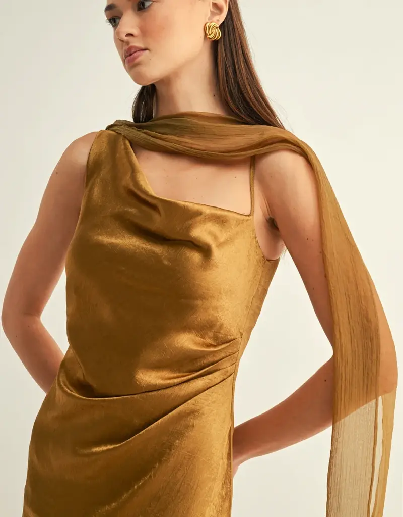 Adelyn Rae Kenny Contrast Scarf Cowl-neck Slip Midi Dress in Olive Gold