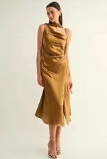 Adelyn Rae Kenny Contrast Scarf Cowl-neck Slip Midi Dress in Olive Gold