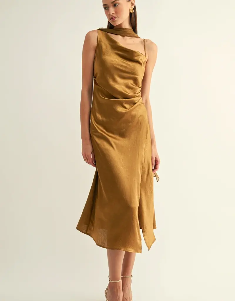 Adelyn Rae Kenny Contrast Scarf Cowl-neck Slip Midi Dress in Olive Gold