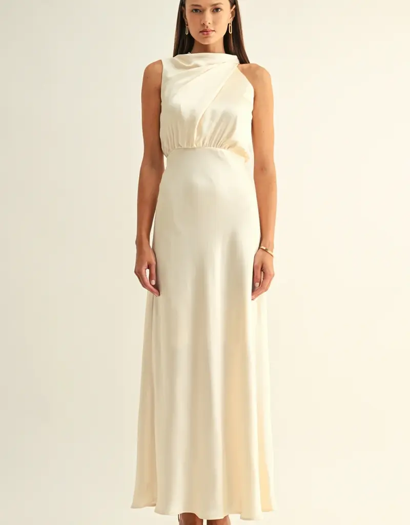 Adelyn Rae *Best Seller* Kate Cowl Drape Asymmetrical Maxi Dress in Champagne