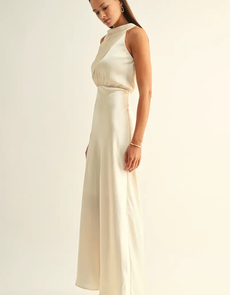 Adelyn Rae *Best Seller* Kate Cowl Drape Asymmetrical Maxi Dress in Champagne