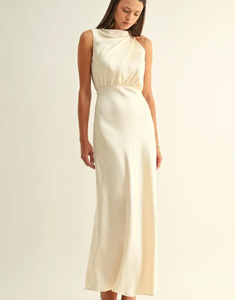 Adelyn Rae *Best Seller* Kate Cowl Drape Asymmetrical Maxi Dress in Champagne