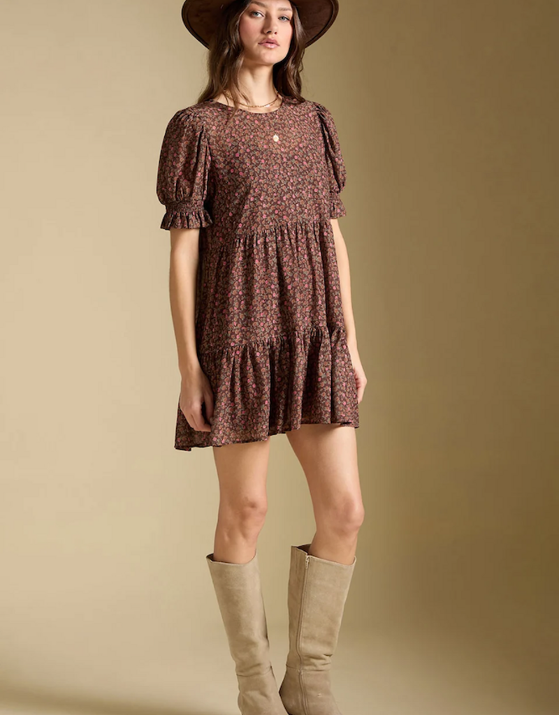 Saltwater Luxe Ginna Puff Sleeve Mini Dress in Mocha