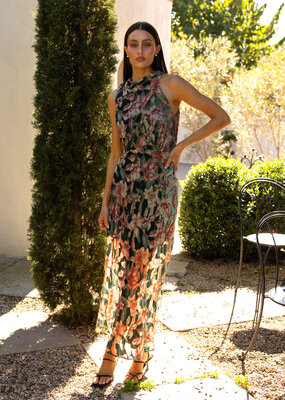 Adelyn Rae Veda Burnout Velvet Draped Maxi Dress in Teal Multi Floral