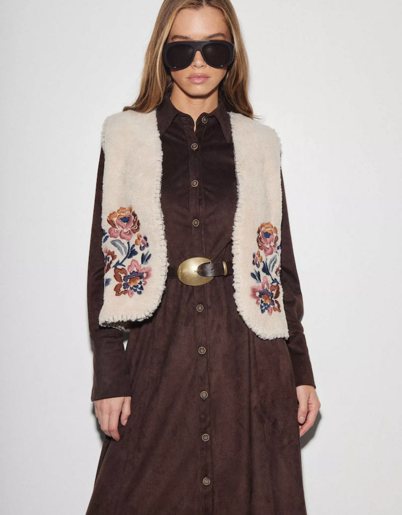 Louizon Yozza Embroidered Sherpa Vest in Ecru Cream