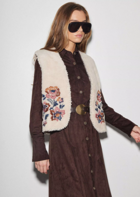 Louizon Yozza Embroidered Sherpa Vest in Ecru Cream