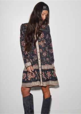 Louizon Enwood Flower Print Long Sleeve Dress in Navy