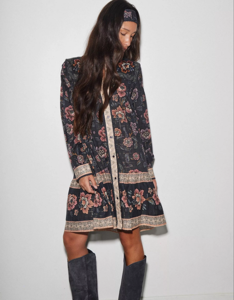 Louizon Enwood Flower Print Long Sleeve Dress in Navy