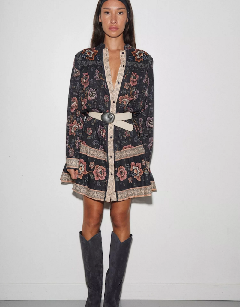 Louizon Enwood Flower Print Long Sleeve Dress in Navy