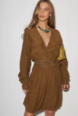 Louizon Craon V-Neck Long Sleeve Midi Dress in Green Gold
