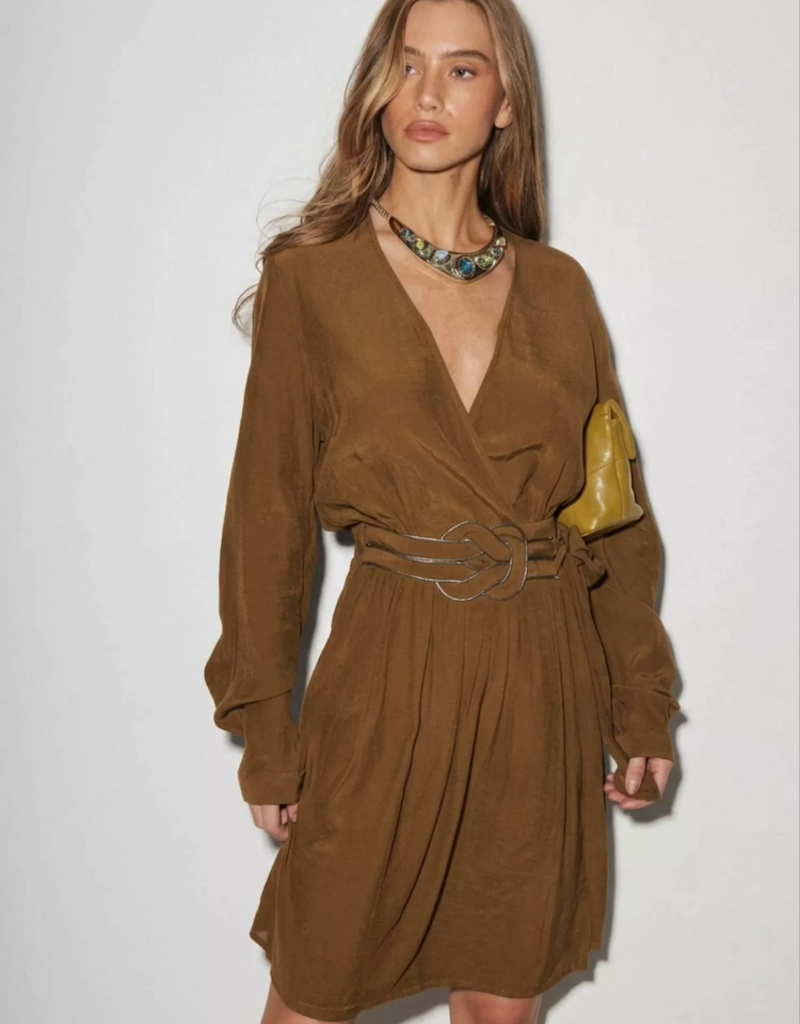 Louizon Craon V-Neck Long Sleeve Midi Dress in Green Gold