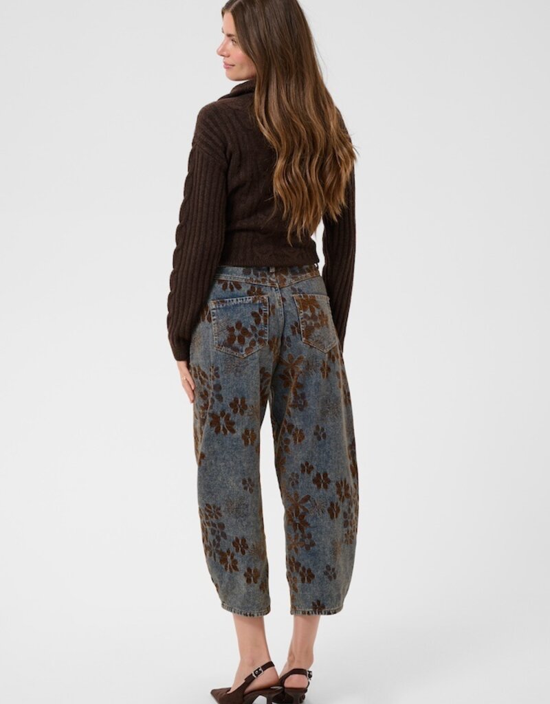 Cream Ramona Floral Barrel Jean in Dark Wash