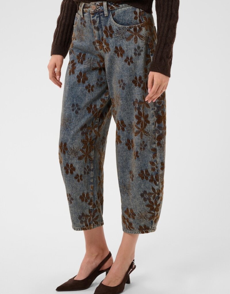 Cream Ramona Floral Barrel Jean in Dark Wash