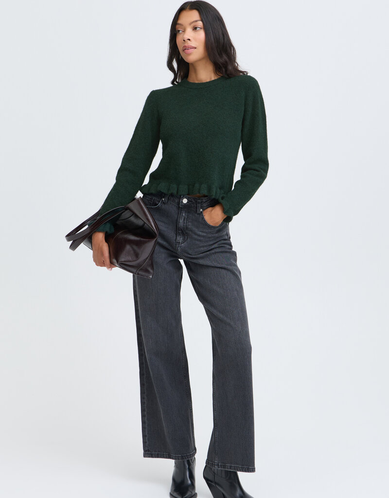 B.Young Omea Long Sleeve Knit With Frills in Scarab Green