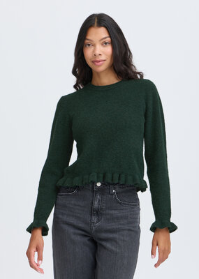 B.Young Omea Long Sleeve Knit With Frills in Scarab Green