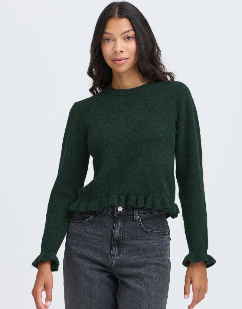 B.Young Omea Long Sleeve Knit With Frills in Scarab Green