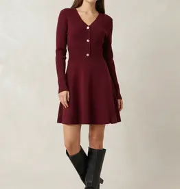 Angel Eye Coal Knit Dress With Faux Button Detail in Burgundy