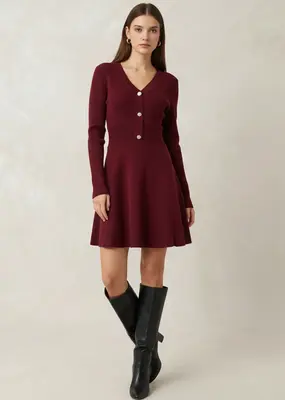 Angel Eye Coal Knit Dress With Faux Button Detail in Burgundy
