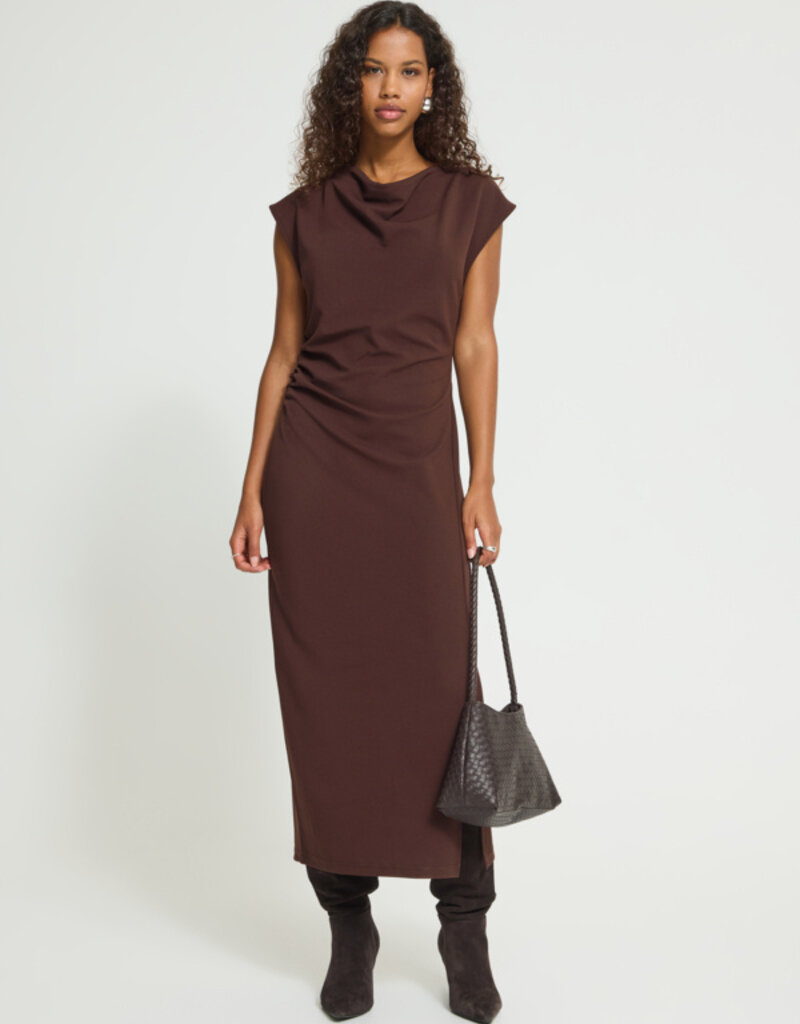 ICHI Katine High Neck Midi Dress in Fudge Brown