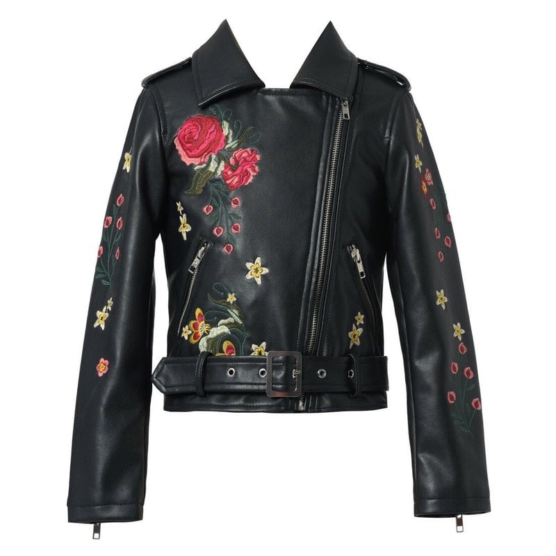 Hannah Banana FLOWER EMBROIDERED FAUX LEATHER BIKER JACKET
