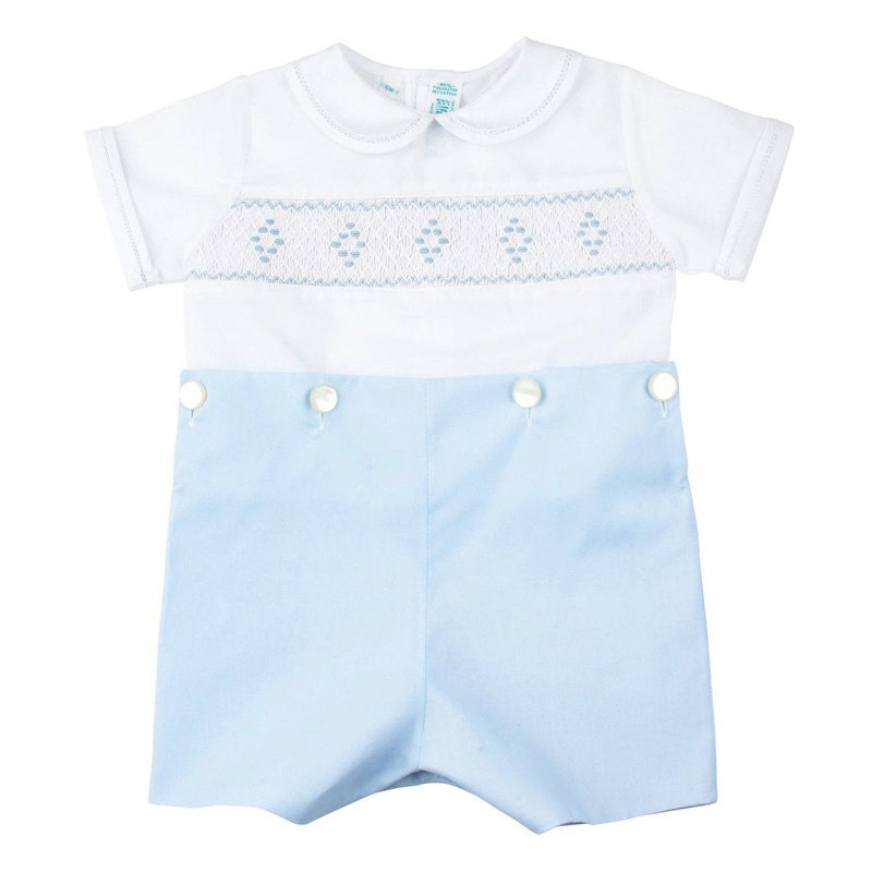 FELTMAN BROTHERS SMOCKED DIAMOND BOBBY SUIT - WHT/BLUE